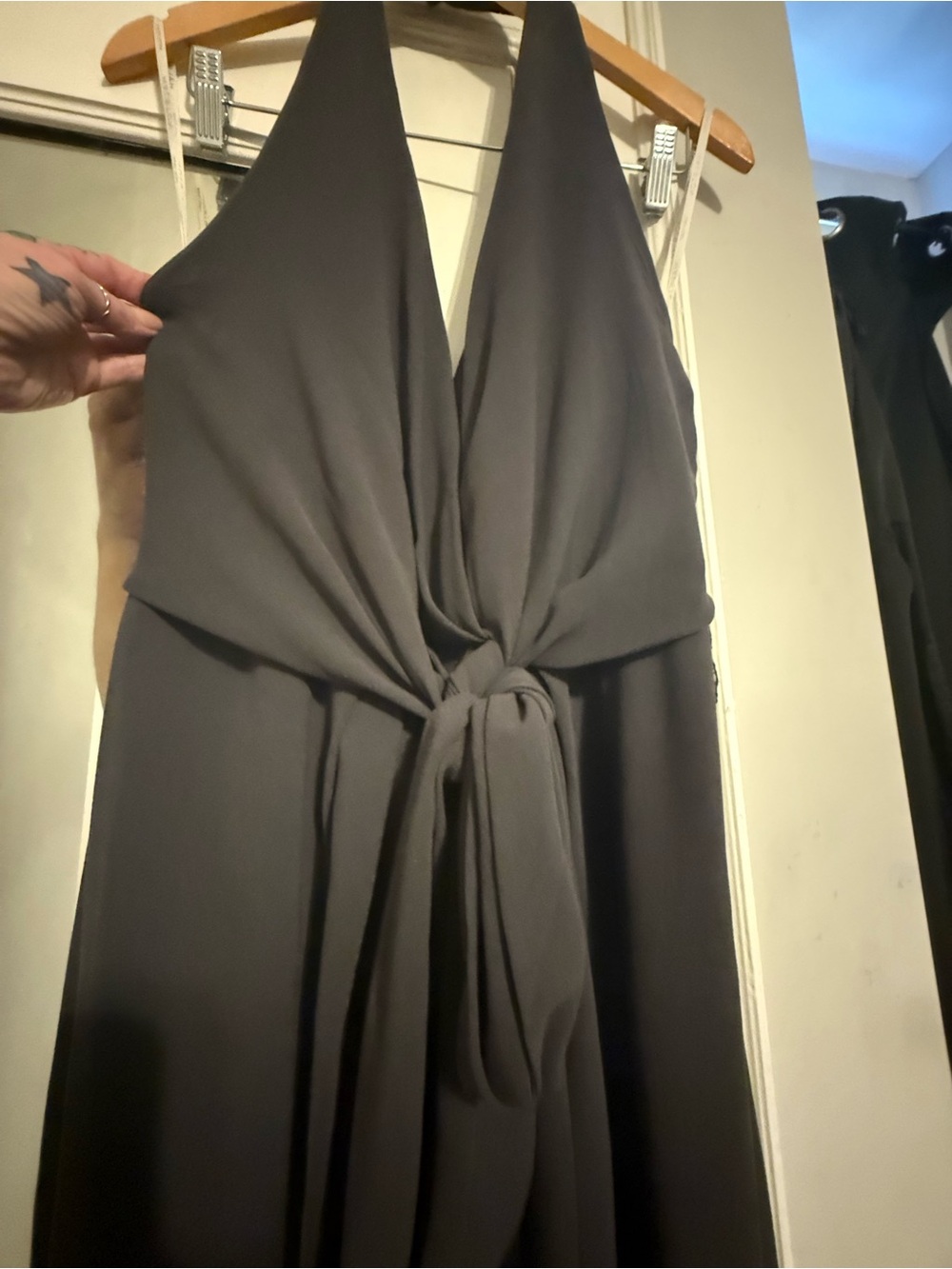 NWT V neck-halter-wide leg-Jumpsuit Halston Heritage size10 asphalt color FLAWED - Picture 2 of 12